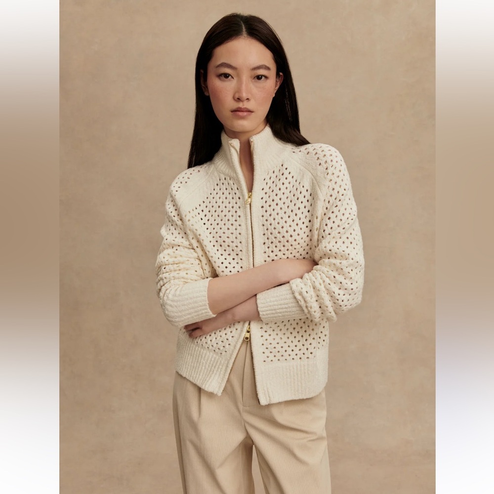 Varley Cream Zip-Front Openwork Knit Cardigan